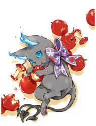 apple cat creature doro_(sabarudoro) eating food fruit full_body grim_(twisted_wonderland) looking_at_viewer lying neck_ribbon no_humans on_side ribbon simple_background twisted_wonderland white_background