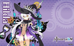 Rule 34 | 1girl, character name, copyright name, copyright notice, feet out of frame, gears, hat, highres, hilda (stella glow), ideolo, long hair, looking at viewer, navel, official art, official wallpaper, promotional art, solo, stella glow, thighhighs, very long hair, white hair, witch hat, yellow eyes
