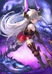 Rule 34 | 1girl, armored boots, axe, bare shoulders, boots, brown gloves, closed mouth, commentary request, dragon, elbow gloves, gloves, granblue fantasy, grey hair, hair between eyes, holding, holding weapon, horns, legs apart, long hair, looking at viewer, miniskirt, red eyes, red skirt, skirt, smile, solo, standing, threo (granblue fantasy), thigh boots, thighhighs, wasabi60, weapon