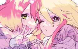 Rule 34 | 2girls, blonde hair, colored sclera, colored tips, freyja wion, glowing, green eyes, hair ornament, heart, heart hair ornament, holding hands, looking at viewer, macross, macross delta, macross delta: zettai live!!!!!!, multicolored hair, multiple girls, off-shoulder shirt, off shoulder, one eye closed, pink hair, portrait, puckered lips, purple eyes, purple shirt, purple sweater, red sclera, sechi (stst1850), shirt, sketch, streaked hair, sweater, unfinished, v, yami freyja