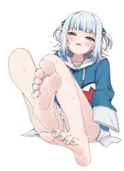 Rule 34 | 1girl, animal hood, ass, bare legs, barefoot, blue hair, blue hoodie, blue nails, blunt bangs, blush, collarbone, feet, foot focus, foreshortening, gawr gura, gawr gura (1st costume), grey hair, hair ornament, highres, hololive, hololive english, hood, hoodie, kahlua (artist), knees up, looking at viewer, multicolored hair, nail polish, panties, pantyshot, shark girl, shark hair ornament, shark hood, sharp teeth, simple background, sleeves past fingers, sleeves past wrists, soles, solo, streaked hair, sweatdrop, teeth, toenail polish, toenails, toes, two side up, underwear, virtual youtuber, white background, white panties
