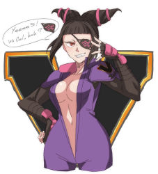 Rule 34 | 1girl, aiba-tsukiko, biker clothes, bikesuit, bodysuit, breasts, chuunibyou, cleavage, drill hair, english text, evil grin, evil smile, eyepatch, fingerless gloves, gloves, grin, han juri, looking at viewer, midriff, navel, purple bodysuit, purple suit, sideboob, smile, solo, speech bubble, street fighter, street fighter v, suit, twin drills, unzipped