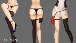 Rule 34 | 1girl, artist name, ass, bag, black footwear, black panties, black thighhighs, butt crack, chain, cropped jacket, crossed legs, dress, fal (girls&#039; frontline), feet out of frame, girls&#039; frontline, grey background, high heels, highres, legs, lower body, multiple views, navel, panties, pouch, pumps, simple background, single thighhigh, sitting, skindentation, standing, stomach, thigh strap, thighhighs, thighs, underwear, white dress, xu ni