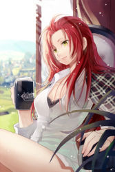 Rule 34 | 1girl, bra, cropped jacket, cup, dress shirt, jaina preventer, jeyina, lingerie, long hair, lowres, no pants, open clothes, open shirt, red hair, shirt, sitting, smile, solo, sword girls, underwear, yellow eyes