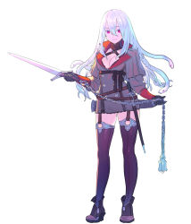 Rule 34 | 1girl, albino, boots, braid, breasts, brown footwear, brown thighhighs, buttons, closed mouth, double-breasted, enkyo yuuichirou, full body, grey jacket, hair between eyes, high heel boots, high heels, highres, holding, holding sword, holding weapon, jacket, long hair, looking at viewer, mace, medium breasts, o-ring, original, red eyes, simple background, snake, snake hair, solo, sword, thigh strap, thighhighs, weapon, white background, white hair, white snake