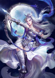 Rule 34 | 1girl, aiming, armor, arrow (projectile), artemis (mythology), bare shoulders, bow (weapon), full moon, gloves, greek mythology, highres, huge moon, jjlovely, moon, red lips, solo, space, tagme, tiara, weapon, white armor, white footwear, white gloves, white hair