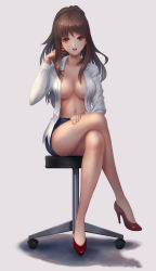 Rule 34 | 1girl, absurdres, adjusting hair, bare legs, breasts, brown eyes, brown hair, buttons, collarbone, collared shirt, crossed legs, denim, denim shorts, dress shirt, full body, full moon, grey background, hand in own hair, hand on own thigh, hand on thigh, high heels, highres, legs, long hair, long sleeves, medium breasts, moon, nail polish, navel, no bra, no socks, open clothes, open mouth, open shirt, original, pink nails, ponytail, red footwear, seiza, shirt, shoes, short hair, short shorts, shorts, simple background, sitting, solo, stomach, stool, unbuttoned, white shirt, wing collar, youbou