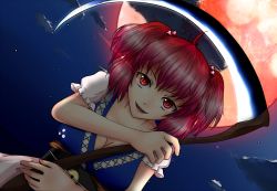 Rule 34 | 1girl, ahoge, belt, breasts, cleavage, cloud, dutch angle, fangs, female focus, full moon, hair bobbles, hair ornament, large breasts, light trail, looking at viewer, moon, onozuka komachi, open mouth, red eyes, red hair, red moon, scythe, short sleeves, skirt, sky, slit pupils, solo, star (sky), starry sky, teeth, torievna, touhou, twintails, two side up, upper body
