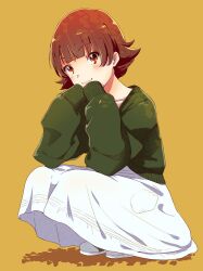 Rule 34 | 1girl, :3, brown hair, closed mouth, collarbone, commentary request, eyelashes, full body, green sleeves, green sweater, grey footwear, hands on own chin, idolmaster, idolmaster million live!, light blush, long skirt, long sleeves, looking at viewer, nonohara akane, pocket, red eyes, shadow, shoes, short hair, simple background, skirt, sleeves past fingers, sleeves past wrists, smile, solo, squatting, sweater, white skirt, witoi (roa), yellow background