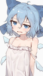 Rule 34 | 1girl, ahoge, arms behind back, blue eyes, blue hair, blush, bow, breasts, camisole, cirno, cleavage, collarbone, commentary, hair bow, highres, ice, ice wings, looking at viewer, melting, shone, simple background, small breasts, solo, sweatdrop, touhou, white background, white camisole, wings
