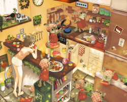 Rule 34 | 1girl, :3,  /, analog clock, animal, arm up, arms up, arrow (symbol), barefoot, bench, bento, bird, blouse, blue fire, book, bookshelf, bottle, bow, brick wall, brown eyes, cabbage, cabinet, cake, cameo, candy, carrot, cheesecake, chocolate syrup, clock, clothed animal, clover, coffee, commentary request, cooking, copyright request, counter, crown, cup, day, dishes, doughnut, drawing (object), drinking glass, duck, egg (food), english text, faucet, fern, fire, flower, flower pot, food, fork, four-leaf clover, fried egg, from above, fruit, frying pan, glass, head scarf, highres, holding, holding food, holding fruit, honey, honeypot, indoors, jar, kitchen, kitchen hood, ladle, leaning forward, magnet, messy hair, milk, milk carton, miniskirt, motor vehicle, mushroom, open mouth, original, oven, pancake, picture frame, pink shirt, pixiv, plant, plate, polka dot, potted plant, pudding, rabbit, radish, reaching, reclining, recycle bin, recycling symbol, refrigerator, salt shaker, sausage, shelf, shirt, short hair, sink, skirt, sleeping, smile, soap, soap bottle, spatula, spoon, standing, stool, stove, strap slip, sunny side up egg, syrup, tank top, teapot, teeth, text focus, tile floor, tiles, tiptoes, tomato, towel, translation request, van, wall clock, water tap, wheel, white skirt, window, wrapper, wreath, yuko666