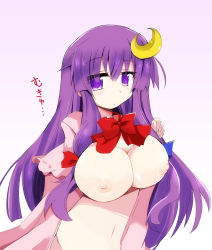 1girl bow breasts cleavage coat crescent crescent_hair_ornament female_focus hair_ornament highres large_breasts long_hair looking_at_viewer naked_coat navel nipples open_clothes open_coat patchouli_knowledge purple_eyes purple_hair shirogane_(platinum) solo touhou very_long_hair