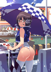 Rule 34 | 1girl, ass, bad id, bad pixiv id, bf. (sogogiching), brown eyes, brown hair, glasses, original, race queen, solo, thighhighs, umbrella
