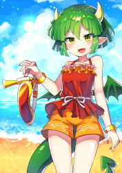 Rule 34 | 1girl, absurdres, beach, blush, bracelet, collarbone, day, draco centauros, dragon girl, dragon horns, dragon tail, dragon wings, fang, green hair, highres, horns, jewelry, looking at viewer, offbeat, one-piece swimsuit, open mouth, outdoors, pointy ears, puyopuyo, red one-piece swimsuit, short hair, smile, solo, swimsuit, tail, wings, yellow eyes