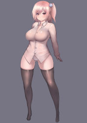 Rule 34 | 1girl, arms behind back, breasts, buttons, cameltoe, cleavage, cleft of venus, closed mouth, collarbone, collared shirt, dead or alive, dress shirt, full body, gluteal fold, grey background, grey thighhighs, hair between eyes, hair ornament, highres, honoka (doa), johan (johan13), long sleeves, looking at viewer, one side up, panties, pink eyes, pink hair, see-through, see-through shirt, shirt, short hair, simple background, skindentation, smile, solo, thighhighs, thighs, underwear, white panties, white shirt
