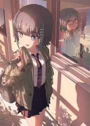 2girls bag black_necktie black_skirt blue_eyes blue_hair book classroom glasses green_eyes green_jacket hand_in_pocket highres holding holding_bag holding_book jacket kazueru kira_(zutomayo) kira_killer_(zutomayo) multiple_girls necktie nira-chan nira-chan_(kira_killer)_(zutomayo) open_clothes open_jacket open_mouth red_eyes school_bag school_uniform shirt skirt sleeves_past_fingers sleeves_past_wrists white_shirt window yellow-framed_eyewear zutto_mayonaka_de_ii_no_ni