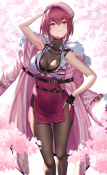 Rule 34 | 1girl, absurdres, arm up, armpits, belt, black belt, black bra, black dress, black gloves, blush, bodysuit, bra, cherry blossoms, dress, fingerless gloves, gloves, hat, hat ornament, highres, hololive, houshou marine, looking at viewer, mary is mine, pantyhose, pencil skirt, red eyes, red hair, red skirt, shirt, short hair, skirt, sleeveless, sleeveless shirt, smile, solo, underwear, virtual youtuber, yellow eyes