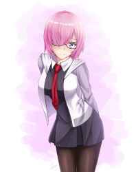 Rule 34 | 1girl, black pantyhose, blush, breasts, closed mouth, dated, fate/grand order, fate (series), glasses, hair over one eye, highres, large breasts, looking at viewer, mash kyrielight, pantyhose, pink hair, purple eyes, red neckwear, rj xiii, short hair, signature, smile, solo