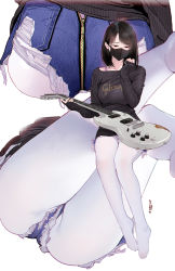 Rule 34 | 1girl, absurdres, artist name, ass, black eyes, black hair, black sweater, blue shorts, breasts, clothes writing, commentary request, cutoffs, damaged, denim, denim shorts, electric guitar, feet, from behind, from below, full body, gibson, guitar, hand up, highres, hitomi o, holding, holding instrument, instrument, long sleeves, mask, medium breasts, medium hair, micro shorts, mouth mask, multiple views, no shoes, original, pantyhose, ribbed sweater, shorts, simple background, sitting, sleeves past wrists, sweater, torn clothes, torn shorts, white background, white pantyhose, zipper, zipper pull tab