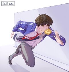 Rule 34 | 1boy, absurdres, bag, black hair, blue jacket, collared shirt, commentary request, cream puff, facial mark, food, food in mouth, full body, highres, jacket, long sleeves, mash burnedead, mashle, necktie, red necktie, running, school bag, school uniform, shirt, shoes, short hair, solo, tnbtabi, white shirt, yellow eyes