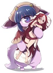 Rule 34 | 1girl, animal ears, bags under eyes, barefoot, blue eyes, blue hair, blush, brown capelet, brown hat, brown shirt, capelet, closed mouth, commentary request, covering another&#039;s breasts, cyclops, dakimakura (object), full body, furry, groin, hair censor, hand up, hat, highres, holding, holding pillow, hugging object, knees together feet apart, long hair, looking at viewer, made in abyss, mauyu, medium hair, multicolored hair, navel, nude, one-eyed, open mouth, pakkoyan, pillow, pillow hug, purple eyes, purple fur, red eyes, red hair, shirt, simple background, smile, solo, standing, streaked hair, tail, two-tone eyes, very long hair, vueko, wavy mouth, white background, white hair