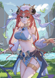 Rule 34 | 1girl, absurdres, bare shoulders, blue skirt, blue sky, breasts, brooch, cloud, commentary, cowboy shot, crop top, day, detached sleeves, genshin impact, green eyes, highres, horns, hua (yijing), jewelry, large breasts, long hair, long sleeves, looking at viewer, midriff, navel, nilou (genshin impact), open mouth, red hair, skirt, sky, solo, standing, stomach, thighlet, thighs, veil, very long hair