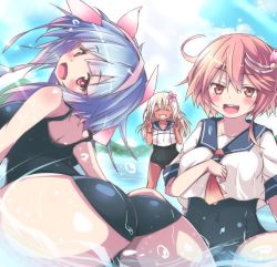 Rule 34 | 10s, 3girls, ass, bare shoulders, blonde hair, blue hair, covered navel, double v, fang, flower, grin, hair flower, hair ornament, i-19 (kancolle), i-58 (kancolle), kantai collection, long hair, looking at viewer, miyamaru, multiple girls, pink eyes, ro-500 (kancolle), smile, thighs, v