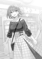 Rule 34 | 1girl, bag, braid, breasts, casual, charlotte corday (fate), chocoan, earrings, fate/grand order, fate (series), greyscale, holding hands, handbag, happy, highres, jewelry, large breasts, long skirt, monochrome, plaid, plaid skirt, skirt, yamoge