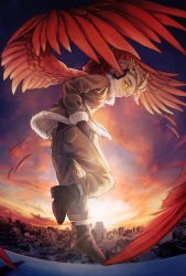 Rule 34 | 1boy, absurdres, artist name, black gloves, boku no hero academia, brown footwear, cityscape, closed mouth, cloud, commentary request, facial hair, feathered wings, feathers, full body, fur trim, gloves, goatee, hand in pocket, hawks (boku no hero academia), head tilt, highres, jade 0518h, knee up, large wings, long sleeves, looking back, male focus, pants, pocket, pouch, red sky, red wings, short hair, sky, smile, solo, spiked hair, standing, standing on one leg, stubble, sunset, thick eyebrows, wings, yellow eyes
