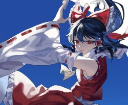 Rule 34 | 1girl, arm up, ascot, bare shoulders, black hair, blue background, bow, breasts, closed mouth, collared shirt, commentary request, detached sleeves, fingernails, flying, frills, grey shirt, hair between eyes, hair ornament, hair tubes, hakurei reimu, hand up, korean commentary, long sleeves, looking to the side, medium breasts, nail polish, ofuda, ponytail, red bow, red eyes, red skirt, red vest, reki (user rcrd4534), shirt, short hair, simple background, skirt, solo, teeth, touhou, vest, white background, white nails, wide sleeves, yellow ascot