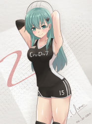 Rule 34 | 1girl, alternate costume, aqua hair, ball, black shirt, black shorts, commentary request, cowboy shot, dated, elbow pads, green eyes, hair ornament, hairclip, highres, kantai collection, knee pads, long hair, looking at viewer, one-hour drawing challenge, shirt, shorts, signature, sleeveless, sleeveless shirt, solo, sportswear, standing, suzuya (kancolle), volleyball, volleyball (object), volleyball uniform, yume (mi yu601)
