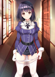 Rule 34 | 10s, 1girl, asahina hikage, ascot, belt, blush, bottomless, breasts, brown eyes, buckle, carpet, closed mouth, clothes pull, collared shirt, door, gloves, haguro (kancolle), hair ornament, hair ribbon, hallway, head tilt, indoors, juliet sleeves, kantai collection, legs apart, long hair, long sleeves, looking at viewer, panties, panty pull, pantyhose, pantyhose pull, puffy sleeves, purple hair, red ribbon, ribbon, see-through, shadow, shirt, short hair, smile, solo, standing, striped, underwear, uniform, white gloves, white panties, white pantyhose, window, window shadow