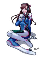 Rule 34 | 1girl, acronym, animal print, arm at side, armor, artist name, bodysuit, boots, bracer, breasts, brown eyes, brown hair, d.va (overwatch), dated, facepaint, facial mark, finger to mouth, full body, gloves, hand up, headphones, lips, long hair, long sleeves, looking at viewer, medium breasts, overwatch, overwatch 1, pauldrons, pilot suit, rabbit print, ribbed bodysuit, shoulder armor, shoulder pads, shushing, sitting, skin tight, solo, st (brute18), thigh boots, thigh strap, thighhighs, transparent background, turtleneck, whisker markings, white footwear, white gloves, white thighhighs