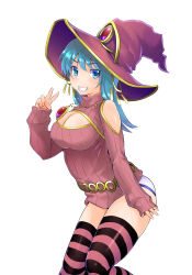 Rule 34 | 1girl, absurdres, blue eyes, blue hair, breasts, cleavage, dungeons &amp; princess, fang, grin, hat, highres, jewelry, large breasts, matching hair/eyes, meme attire, necklace, open-chest sweater, pink thighhighs, ribbed sweater, simple background, smile, solo, striped clothes, striped thighhighs, sweater, takashi moritaka, thighhighs, v, white background, witch hat