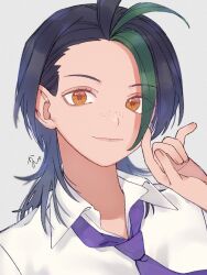 Rule 34 | 1girl, alternate hairstyle, antenna hair, black hair, blurry, closed mouth, collared shirt, commentary request, creatures (company), eyelashes, freckles, game freak, green hair, grey background, hand up, highres, kana (kanna runa0620), looking at viewer, multicolored hair, necktie, nemona (pokemon), nintendo, orange eyes, pokemon, pokemon sv, portrait, purple necktie, shirt, signature, smile, solo, two-tone hair, white shirt