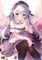 Rule 34 | 1girl, bare shoulders, black dress, black thighhighs, blush, breasts, cleavage, detached collar, detached sleeves, dress, frilled dress, frills, green eyes, hair ornament, hairband, highres, indoors, large breasts, lolita fashion, lolita hairband, long hair, looking at viewer, mikeou, original, ribbon, sitting, solo, thighhighs, white hair, wrist cuffs