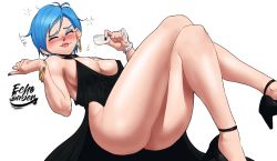 Rule 34 | 1girl, absurdres, alcohol, ass, bangle, black dress, black footwear, black nails, blue hair, blush, bracelet, breasts, bulma, champagne, closed eyes, crossed legs, cup, dragon ball, dragon ball super, dress, drinking glass, drunk, earrings, echo saber, eyeshadow, facing viewer, high heels, highres, jewelry, lips, makeup, mature female, medium breasts, messy hair, nail polish, necklace, new year, no bra, no panties, no socks, pearl necklace, revealing clothes, short hair, simple background, solo, squeans, white background, wine glass