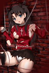 Rule 34 | 1girl, bdsm, black hair, blue eyes, bondage, bound, chain, fate/stay night, fate (series), highres, long hair, panties, skirt, solo, tohsaka rin, torn clothes, twintails, underwear, white panties