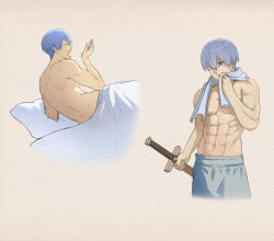 Rule 34 | 1boy, abs, blue eyes, blue hair, closed mouth, commentary, cropped legs, english commentary, expressionless, grey background, himmel (sousou no frieren), holding, holding sword, holding weapon, looking at viewer, male focus, mole, mole under eye, multiple views, muscular, short hair, simple background, songjo, sousou no frieren, sweat, sword, topless male, towel, towel around neck, waking up, weapon, wooden sword, yawning