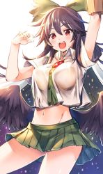 Rule 34 | 1girl, akanagi youto, arm cannon, arm up, bare arms, black hair, black wings, bow, breasts, cape, cowboy shot, feathered wings, green bow, green skirt, groin, hair between eyes, hair bow, highres, large breasts, long hair, looking at viewer, miniskirt, navel, open mouth, pleated skirt, red eyes, reiuji utsuho, shirt, short sleeves, simple background, skirt, smile, solo, touhou, weapon, white background, white shirt, wing collar, wings