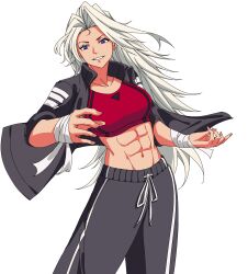 Rule 34 | 1girl, abs, absurdres, black jacket, black pants, blue eyes, breasts, highres, jacket, large breasts, long hair, marian kelly, midriff, muscular, muscular female, navel, pants, red sports bra, river city girls 2, simple background, smile, solo, sports bra, tetsunana, track pants, white background, white hair