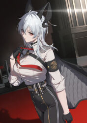 1girl armband black_armband black_choker black_eyes black_gloves black_horns black_jacket black_pants breasts button_gap chest_harness choker closed_mouth clothes_grab collared_shirt commentary curled_horns gloves hair_between_eyes harness high-waist_pants highres horns indoors jacket jacket_on_shoulders large_breasts looking_at_viewer meda medium_hair necktie necktie_grab neckwear_grab pants red_eyes red_necktie shirt solo tight_clothes tight_pants two-tone_eyes white_hair white_shirt wuthering_waves zani_(wuthering_waves)