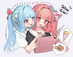 Rule 34 | 2024, 2girls, :d, black shirt, blue bow, blue hair, blunt bangs, blush, bow, collarbone, crepe, cropped torso, dot nose, food, gradient bow, hair bow, hair intakes, highres, holding, holding stylus, holding tablet pc, kotonoha akane, kotonoha aoi, long hair, multiple girls, open mouth, pink eyes, red bow, red hair, sailor collar, school uniform, shirt, short sleeves, side ponytail, sidelocks, simple background, smile, spoken food, stylus, tablet pc, taiyaki, voiceroid, wagashi, white background, white sailor collar, white shirt, yoshino ns