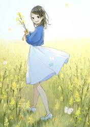 Rule 34 | 1girl, :d, absurdres, black eyes, blue shirt, bow, brown hair, bug, butterfly, commentary request, day, earrings, field, flower, flower field, full body, highres, holding, holding flower, insect, jewelry, long hair, long sleeves, looking at viewer, open mouth, original, outdoors, rapeseed blossoms, sako (35s 00), shirt, shoes, skirt, smile, solo, spring (season), standing, stud earrings, swept bangs, tareme, teeth, walking, white footwear, white skirt