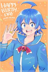 Rule 34 | 1boy, ahoge, babyls school uniform, blue eyes, blue hair, commentary request, dated, earrings, english text, feather earrings, feathers, hand up, happy birthday, highres, jewelry, long sleeves, looking at viewer, mairimashita! iruma-kun, male focus, open mouth, orange background, ring, school uniform, short hair, simple background, smile, solo, suzuki iruma, teeth, upper body, upper teeth only, yubiko (itaike)