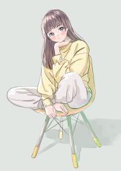 Rule 34 | 1girl, :|, barefoot, blue eyes, blunt bangs, blush, brown hair, chair, closed mouth, crossed ankles, dot nose, expressionless, feet, full body, hand on own chin, head rest, highres, long hair, long sleeves, looking at viewer, original, pants, shadow, sidelocks, sitting, solo, sweater, takaki (mh 399), toes, white pants, yellow sweater