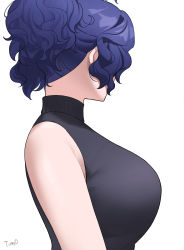 Rule 34 | 1girl, absurdres, bare shoulders, black shirt, blue hair, breasts, facing away, from side, highres, idolmaster, idolmaster million live!, large breasts, shirt, short hair, short ponytail, signature, simple background, sleeveless, sleeveless shirt, solo, tomid, toyokawa fuka, upper body, wavy hair, white background
