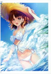 Rule 34 | 1girl, absurdres, artist name, bikini, blue sky, brown eyes, brown hair, cloud, cloudy sky, day, earrings, hat, highres, jacket, jewelry, long sleeves, looking at viewer, open mouth, outdoors, scan, see-through, sky, smile, solo, straw hat, sun hat, swimsuit, toranoana, wading, water, white bikini, zipper, zipper pull tab