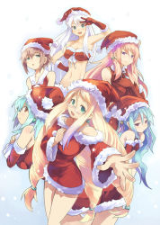 Rule 34 | 6+girls, alternate costume, aqua hair, ashley (luminous arc), bare shoulders, blonde hair, blue hair, blush, brown eyes, brown hair, christmas, drill hair, earrings, elbow gloves, eruru (luminous arc), female focus, front-tie top, glasses, gloves, green eyes, hand on own chest, hand on own hip, hat, inaruna, jewelry, laila, long hair, looking at viewer, looking back, luminous arc, luminous arc 3, multiple girls, navel, official art, open mouth, outstretched arm, pink hair, profile, purple eyes, red eyes, ringlets, santa costume, santa hat, sara (luminous arc), shion (luminous arc), short hair, siblings, simple background, sisters, smile, thighs, v, white background, white hair