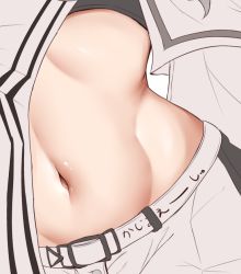 Rule 34 | 1girl, arknights, belt, belt buckle, buckle, close-up, head out of frame, long sleeves, navel, platinum (arknights), revealing clothes, solo, stomach, uminekoin kujira, upper body